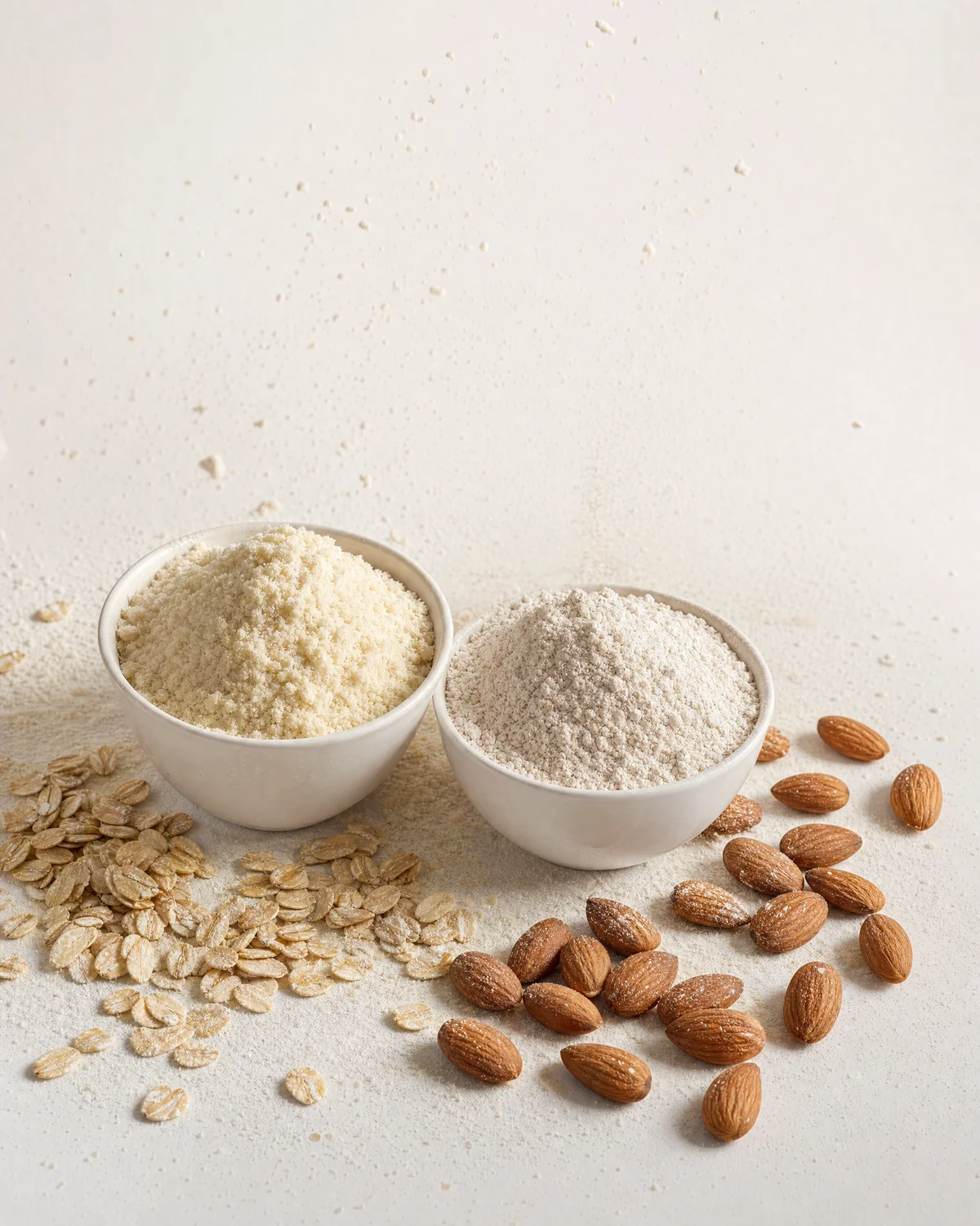 Fresh illustrative image of almond and oat flour with whole almonds and oats on a white surface
