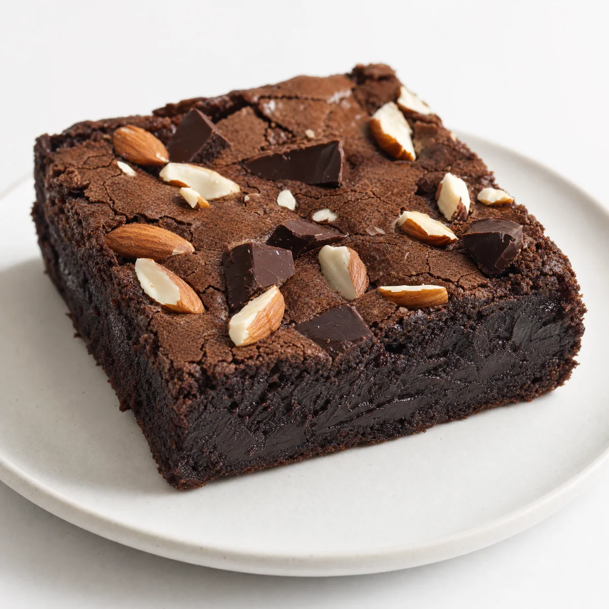 Illustrative almond-topped dark chocolate brownie